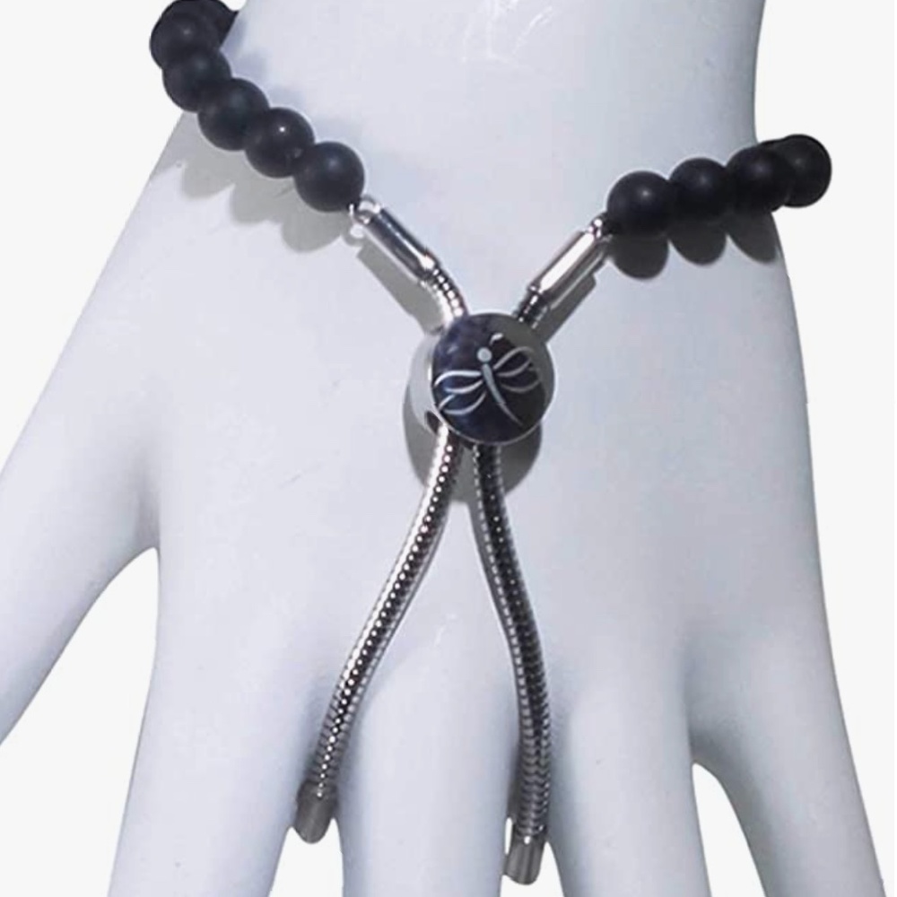 Black Agate Bracelet 5mm Beads Stainless Steel Unique Pull with Dragonfly Symbol - Picture 2 of 3